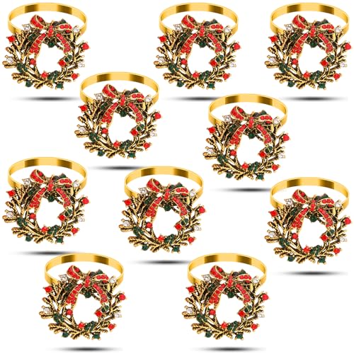 KPOSIYA Xmax Garland Christmas Napkin Rings Set of 10, Gold Metal Holiday Decor