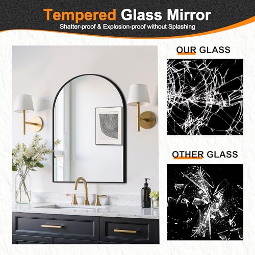24x36 Arched Wall Mirror, Black Brushed Metal Frame Vanity Mirror