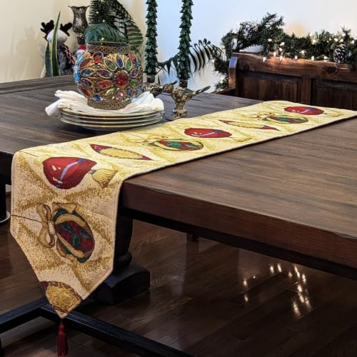 DaDa Bedding 13" x 72" Table Runner - Festive Red Gold Beige Tassels Cotton Linen