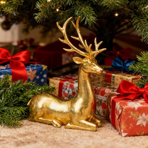 Ferrisland Gold Sitting Reindeer Figurine 14.96in Resin Christmas Decor