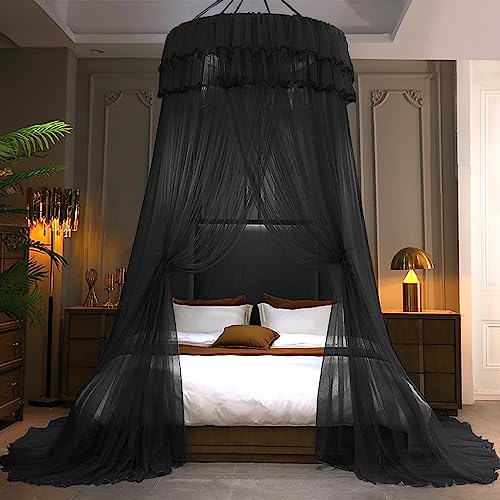Mosquito Net Bed Canopy - Princess Dome Sheer Mesh Netting Curtain, Black