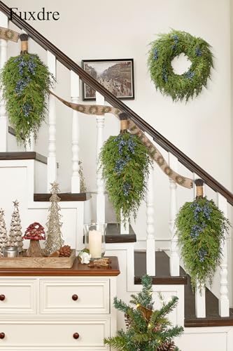 20-Inch Artificial Cedar Teardrop Swag with Blueberries for Front Door