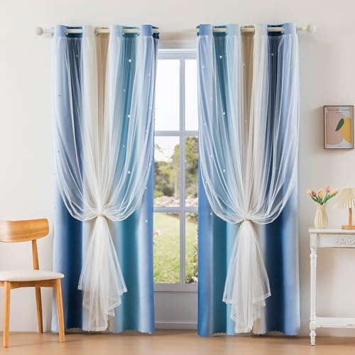 Double Layer Star Blackout Curtain with Sheer Overlay, 52 x 63 Inch