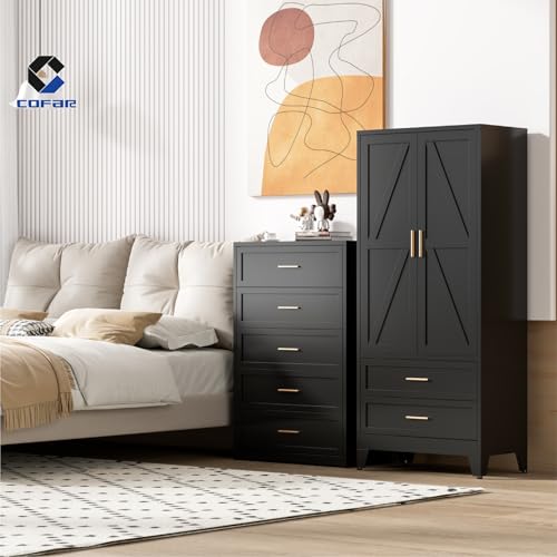 71-Inch Metal Wardrobe Closet with Drawers, Hanging Rod, and Adjustable Shelf