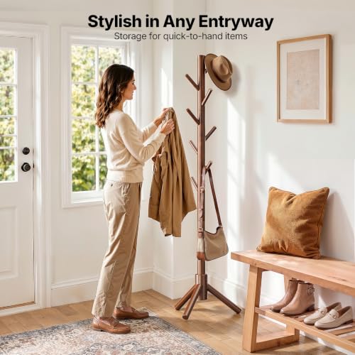 Solid Wood Freestanding Coat Rack with 8 Hooks and Adjustable Height