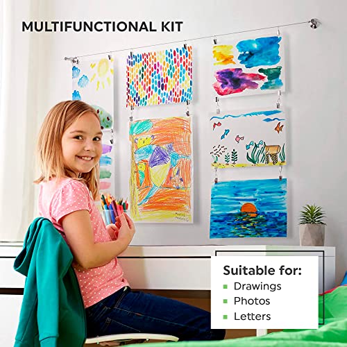 Kids Artwork Wall Display - 10ft Steel Cable with 48 Hanging Clips