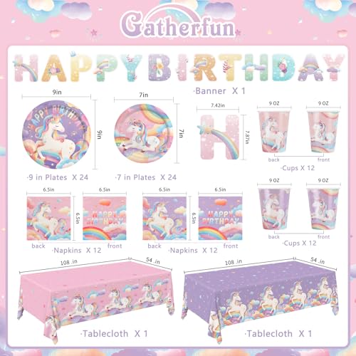 Unicorn Birthday Party Supplies Kit for 24 Guests with Banner and Tablecloth