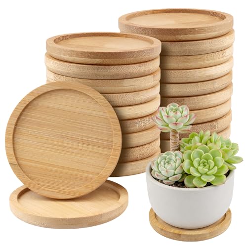 SEHOI 20 PCS 5 Inch Natural Bamboo Coasters & Planter Saucer Trays - Round Wooden Drink & Plant Pot Holders