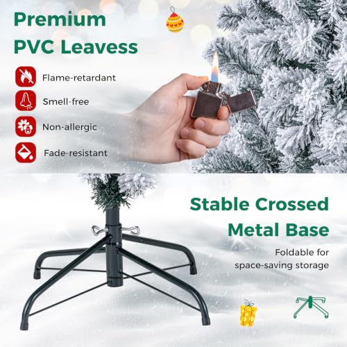 HAPPYGRILL 6ft Pre-Lit White & Green Christmas Tree with Snow Flocked Needles, 600 Tips, LED Lights & Metal Stand