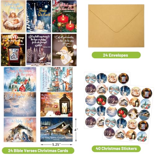 Religious Christmas Bible Verse Cards 24 Pack with Envelopes & Stickers