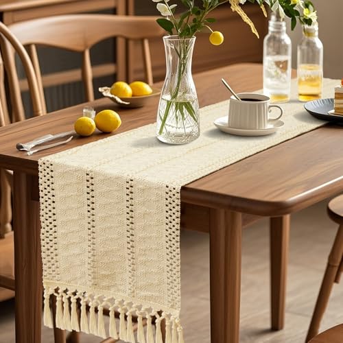 OTOSTAR Beige Macrame Table Runner 48 Inch Rustic Farmhouse Decor Tassels