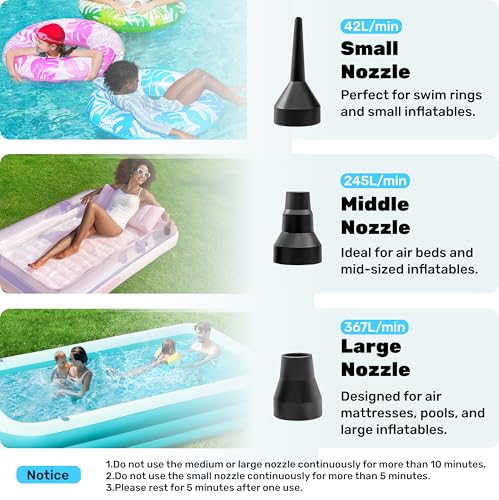 Portable Electric Air Pump for Inflatables with 3 Nozzles & AC/DC Adapters