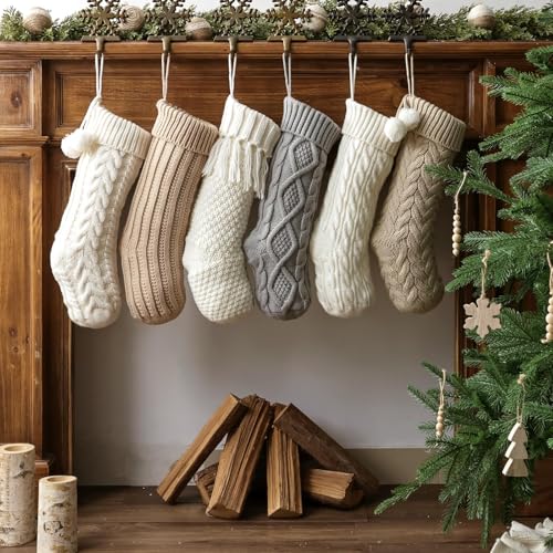 Pawliss White Gray Beige 18in Cable Knit Christmas Stockings (6 Pack) Farmhouse Rustic Personalised