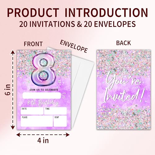 8th Birthday Invitation Cards with Envelopes, 20-Pack Purple Holographic