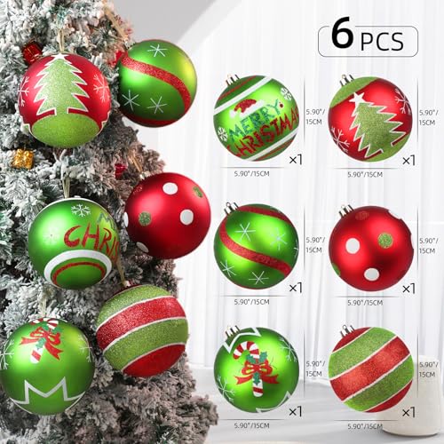 Lanpn 6Pcs 6" Extra Large Outdoor Christmas Ornaments – Red & Green Glitter Ball Decorations