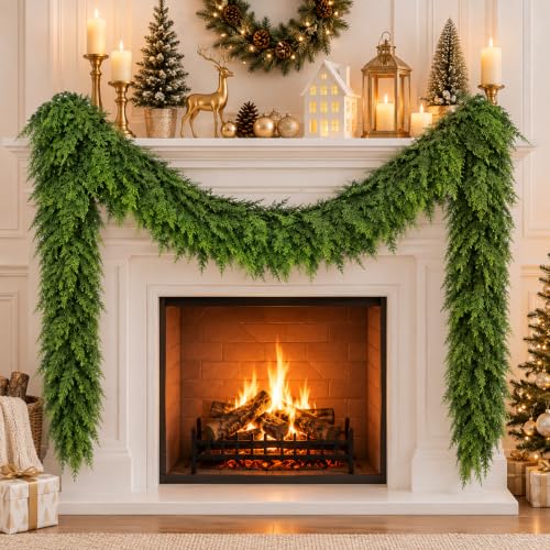 DLPL 9 Ft Cedar Garland - Real Touch Christmas Decor for Mantle (1 Pack)