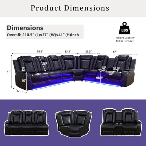 Power Reclining Sectional Sofa with LED Lights, USB Charging & Storage