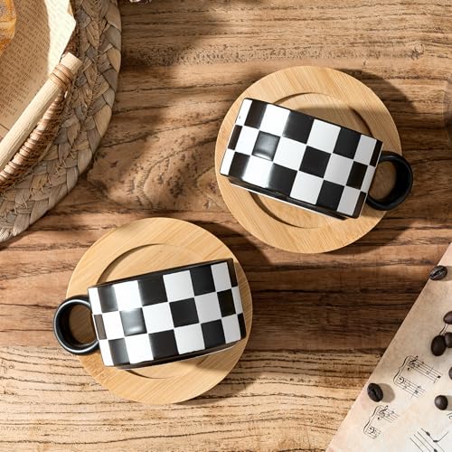 LUKA Black & White Checkered Ceramic Espresso Cup Set with Saucers & Stand - 4 Pcs