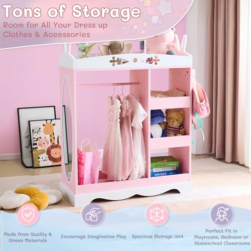 Kids Rabbit-Shaped Dress Up Wardrobe with Mirror, Hooks, and Storage Shelves