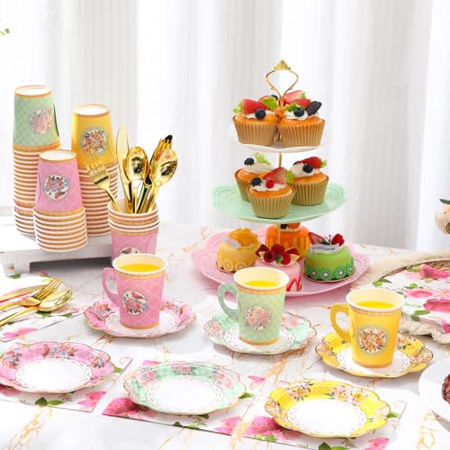 Layhit Vivid 83-Piece Disposable Tea Party Set with 3-Tier Cake Stand for Women Girls Birthday Baby Shower Bridal Shower Pink Floral