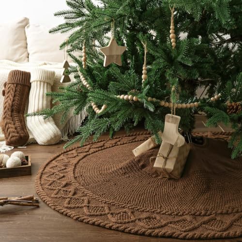 LimBridge Medium Brown Diamond Edge Knit Christmas Tree Skirt - 48in Neutral Rustic Boho