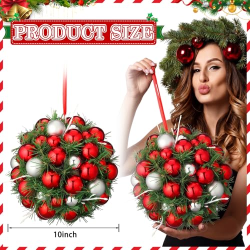 10" Christmas Kissing Ball Decor, Red Silver White Ball Ornament
