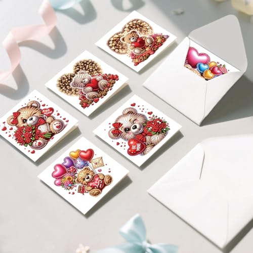 MVVMTOP 6pcs Diamond Painting Greeting Card Kit with Bear & Balloon Envelopes (DIY Xmas Birthday Thanksgiving)