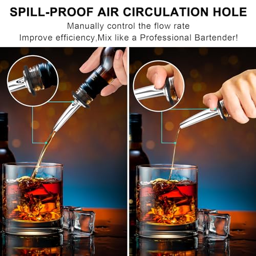 Stainless Steel Liquor Bottle Pourers with Rubber Dust Caps - 60 Pack