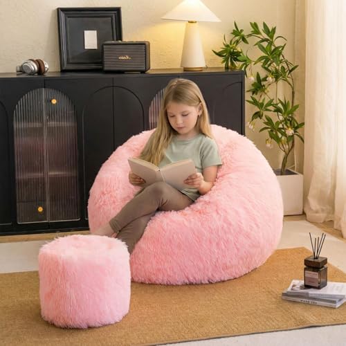 Pink Faux Fur Bean Bag Chair Cover - Plush Shaggy Storage Bean Bag