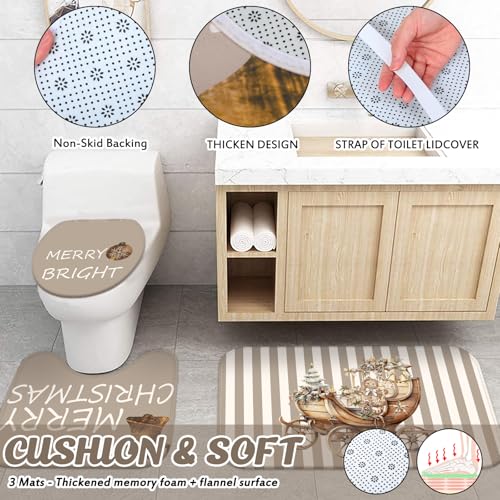 Drydiet 4-Piece Christmas Rustic Bathroom Decor Set with Shower Curtain & Rugs, Brown