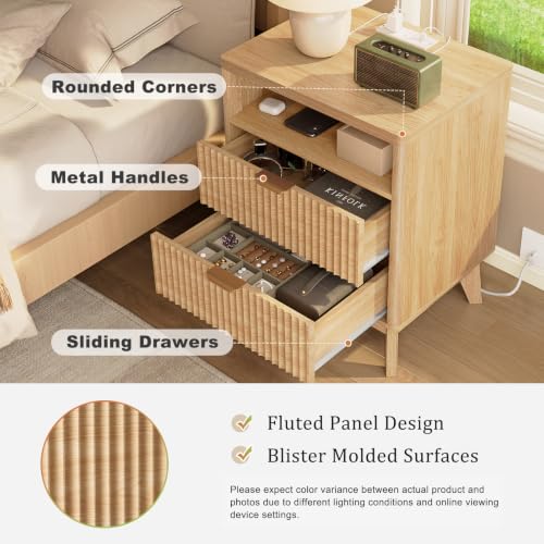 Fluted Nightstand with Charging Station, 2-Drawer Wood End Table