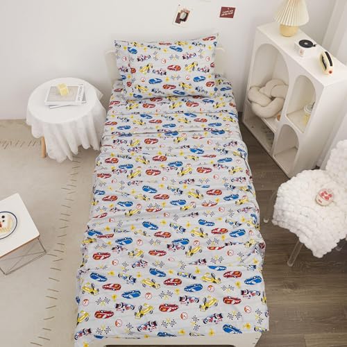 Twin Size Bed Sheet Set - 3-Piece Kids Racing Car Print with Deep Pockets