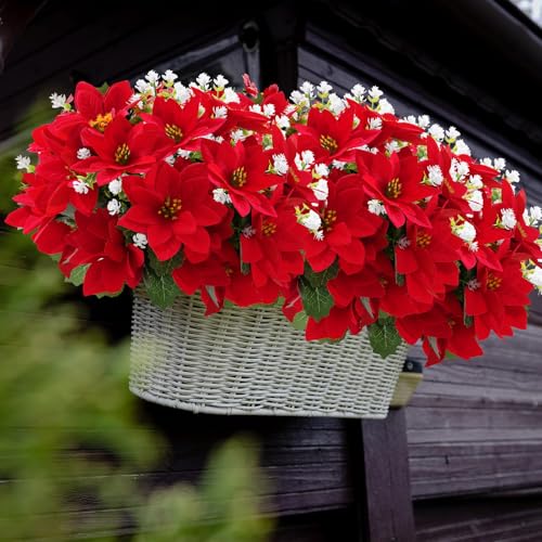 ZYZEV 14'' Artificial Poinsettias and Eucalyptus 12 Bunches Red - UV-Resistant Outdoor