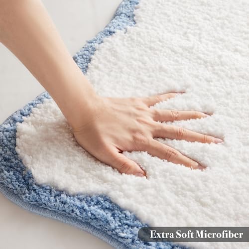 Ohocut Scalloped Bath Mat, Preppy White & Blue Microfiber Rug 32x20