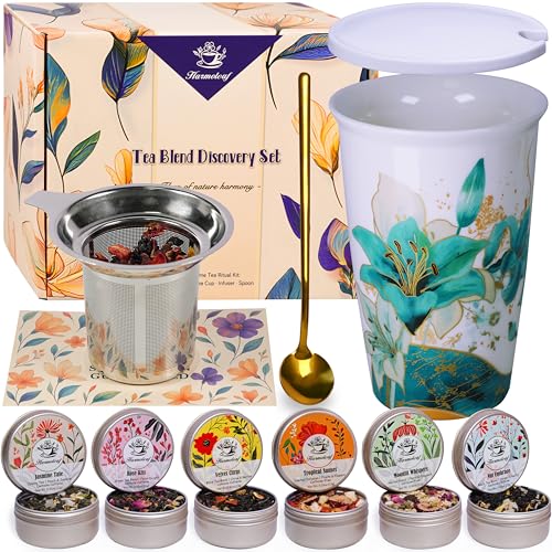 Harmoleaf Blue Lily Tea Gift Set with Insulated Ceramic Mug & Spoons