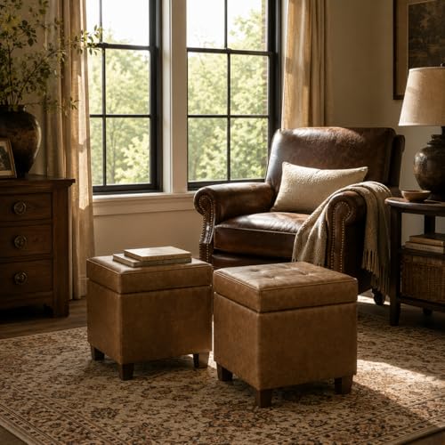 Square Tufted Storage Ottoman in Distressed Brown Faux Leather