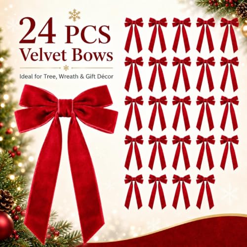 Red Velvet Christmas Bow Set — 24 Pack, 5.1 x 10.2 in, Pre-Tied