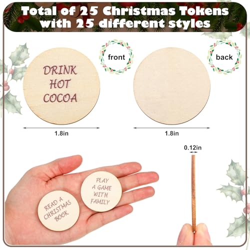 25 Pcs Wooden Advent Countdown Tokens for Christmas - Laser Engraved Tokens Set