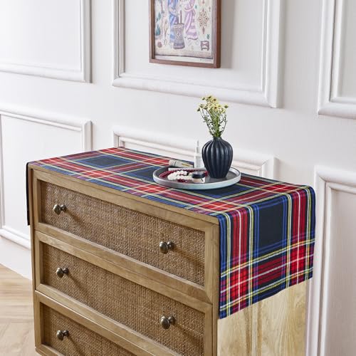 Solino Home 100% Pure Linen Black Stewart Plaid Table Runner 14 x 48 in