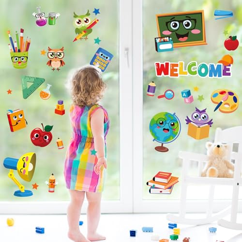 Back to School Window Clings Set - 9 Reusable Classroom Decorations