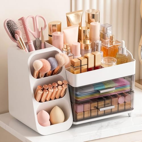 White Large Capacity Makeup Organizer with Brush Holder for Vanity & Bathroom