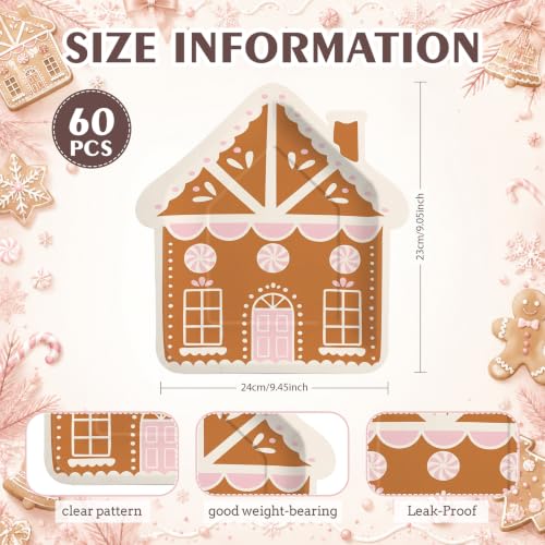 Pastel Gingerbread House Christmas Paper Plates - 60 Pack, Disposable Holiday Dinnerware