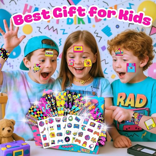 72-Piece 80s and 90s Retro Party Favor Set with Slap Bracelets and Tattoos