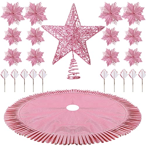 Pink Christmas Decorations Set - Tree Skirt, Star Topper & Glitter Flowers, 38 pcs