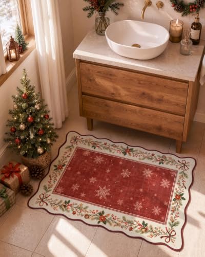 Lahome Red Christmas Kitchen Rug 2x3 ft with Scalloped Edges, Snowflake Pattern