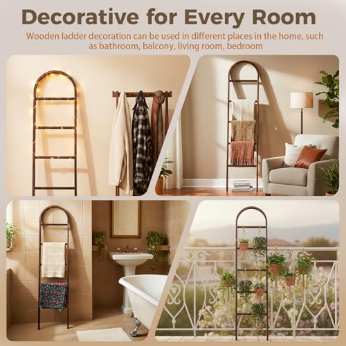 5.5ft Arched Wooden Blanket Ladder, 5-Tier Leaning Storage Shelf