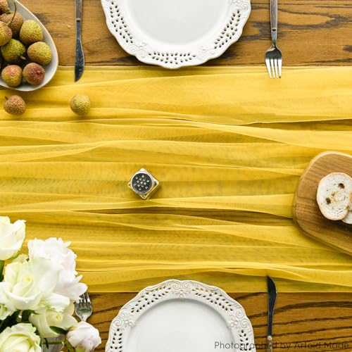 Yellow Gauze Table Runner 120 Inch Long, Sheer Polyester Dining Table Decor