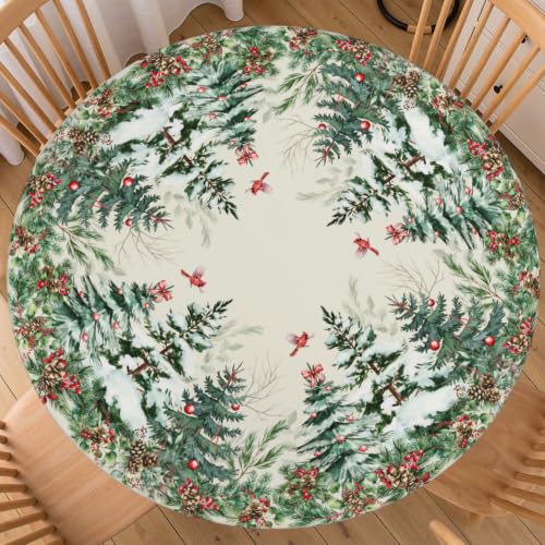 Roverantic 44-Inch Beige Green Red Christmas Round Fitted Tablecloth Winter Decor