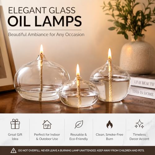 Set of 3 Refillable Borosilicate Glass Oil Lamps for Indoor Use