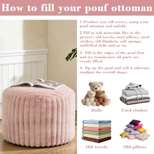 2-Piece Faux Rabbit Fur Pouf Ottoman Cover, 20x15 Inch Unstuffed Footrest